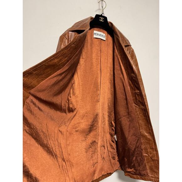 Perverze Jacket Womens Medium Brown Faux Leather Long Coat Button Up Retro Look - Picture 5 of 16